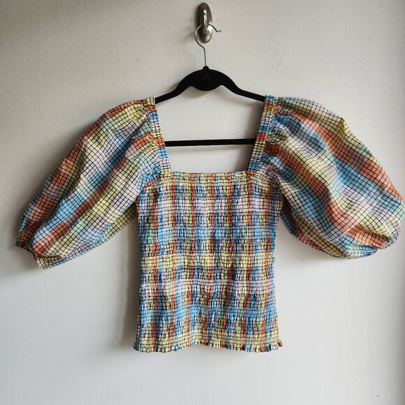 GANNI Shirred Puff Sleeve Seersucker Top in Pastel Check - US 4 (S) - Picture 2 of 16